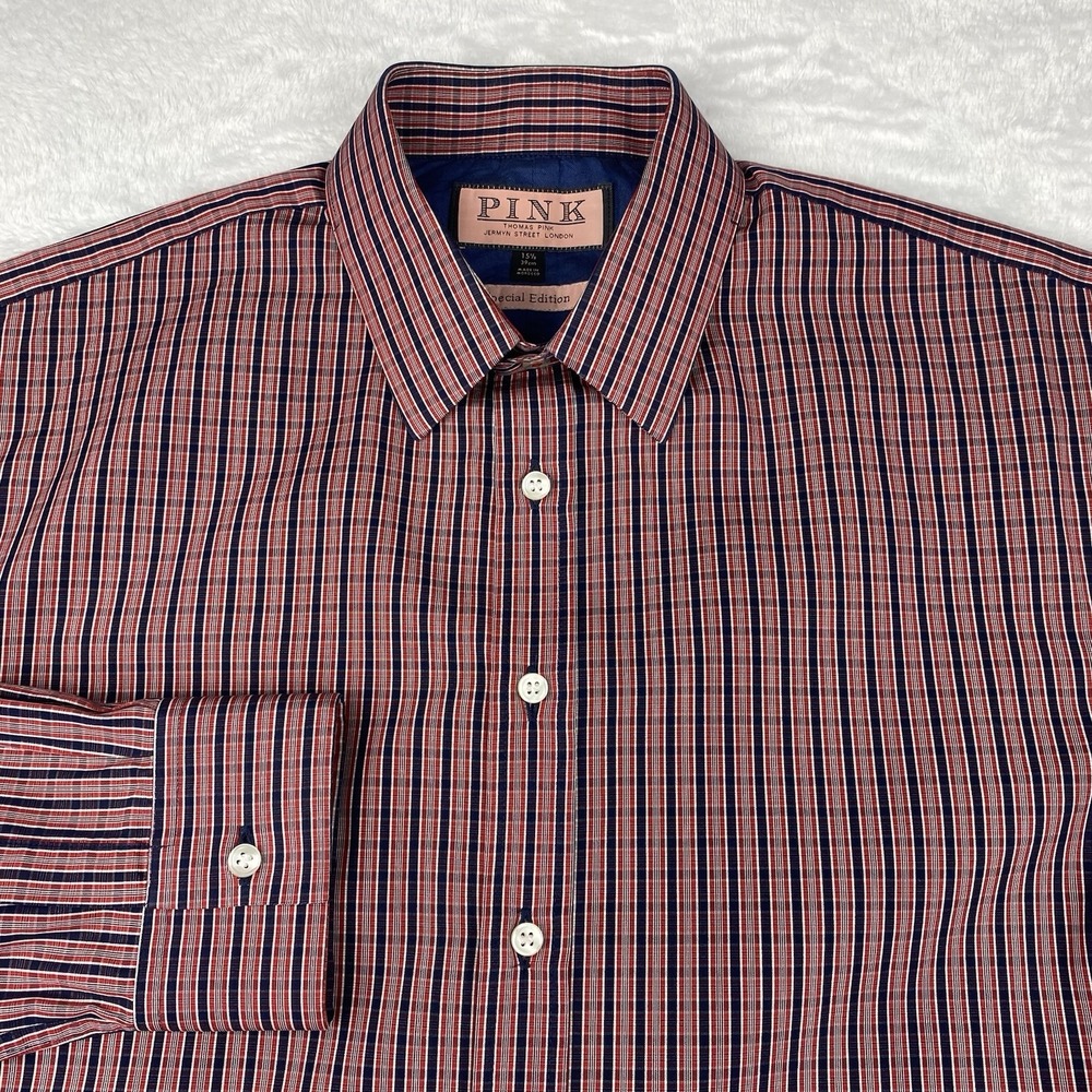 Thomas Pink Special Edition Shirt Mens 15.5 Red/Blue Checks Slim Fit No Iron